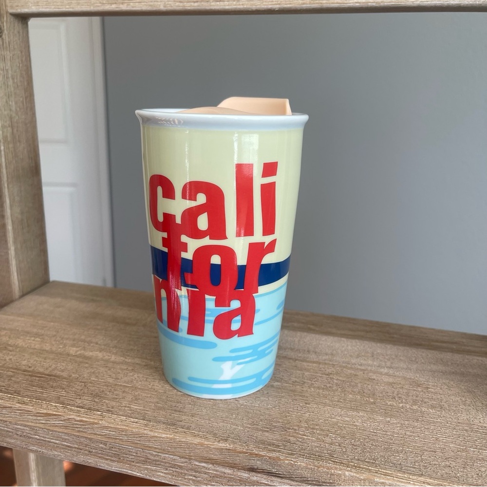 Starbucks Coffee California Beach Sunset Ceramic Travel Tumbler Mug 12 oz w/ Lid